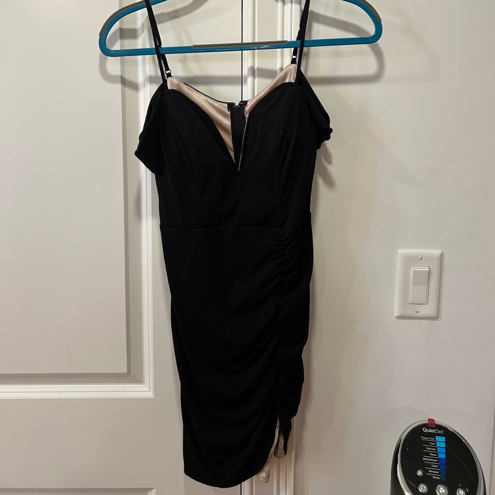 Macy’s Black Mini Dress Shoulder Cap Plunge Neck